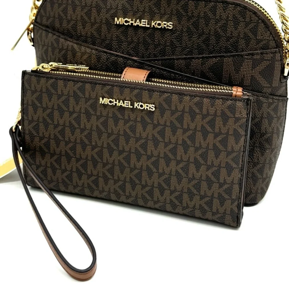 MICHAEL KORS Jet Set Travel Medium Dome Crossbody Bag & Double Zip Wallet Brown